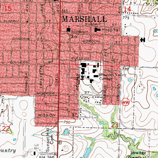 Topographic Map of KNOS-FM (Marshall), MO