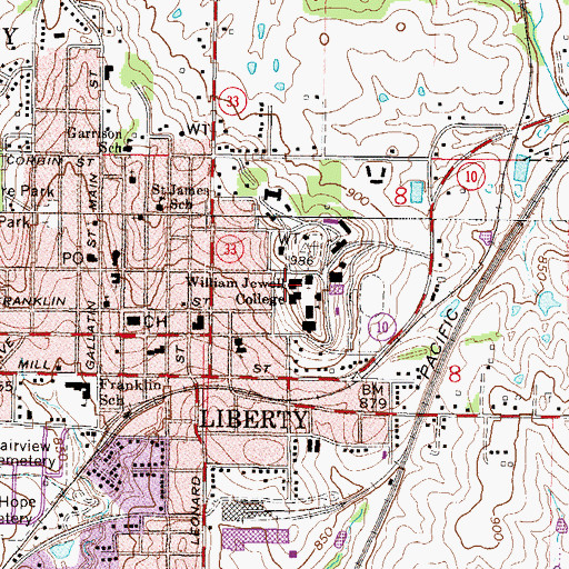 Topographic Map of KWJC-FM (Liberty), MO