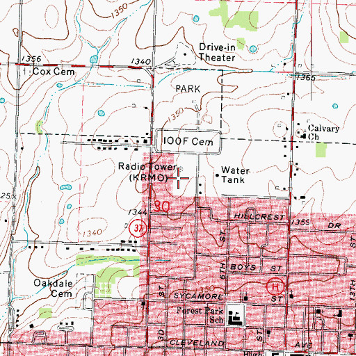 Topographic Map of KKBL-FM (Monett), MO
