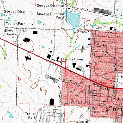 Topographic Map of KDRO-AM (Sedalia), MO