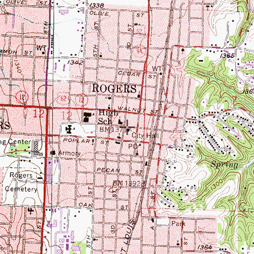 Topographic Map of Rogers City Hall, AR