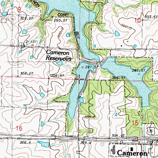 Topographic Map of Cameron Number 1 Reservoir, MO