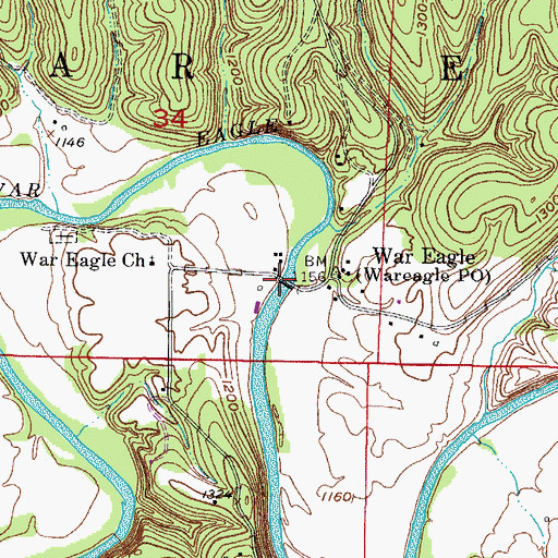 Topographic Map of War Eagle Bridge, AR