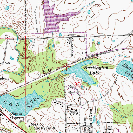 Topographic Map of Burlington Lake Dam, MO