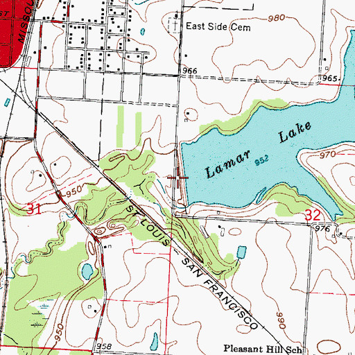 Topographic Map of Lamar Lake Dam, MO