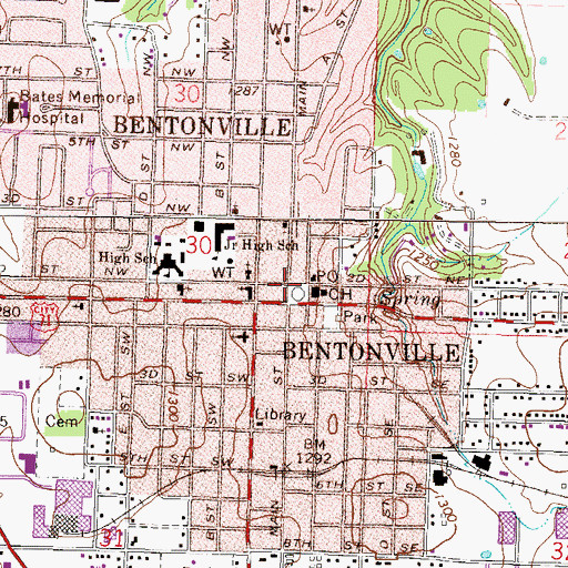 Topographic Map of Bentonville, AR