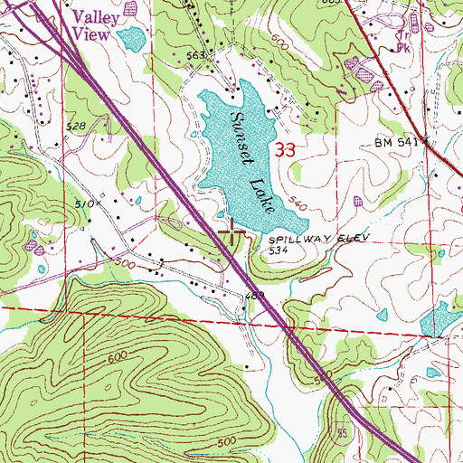 Topographic Map of Sunset Lake Dam, MO
