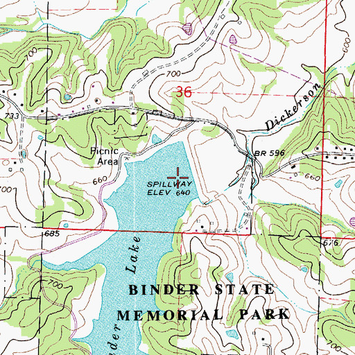Topographic Map of Binder Lake Dam, MO