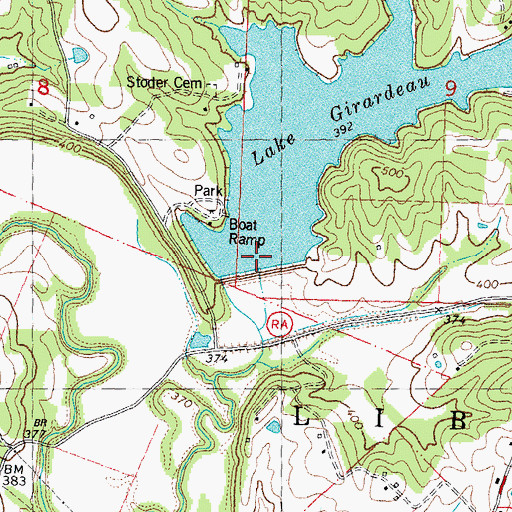 Topographic Map of Lake Girardeau Dam, MO