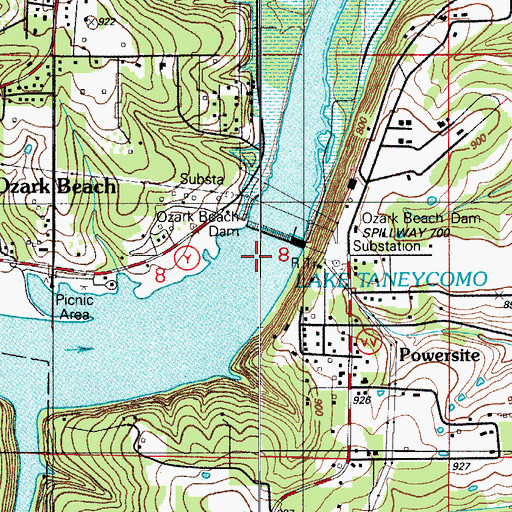 Topographic Map of Ozark Beach Dam, MO