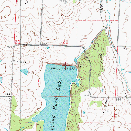 Topographic Map of Spring Fork Lake Dam, MO
