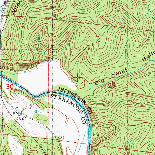 Topographic Map of Big Woods Lake Dam, MO