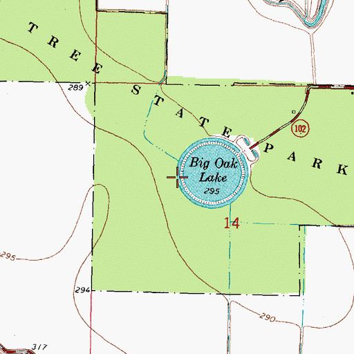 Topographic Map of Big Oak Lake Dam, MO