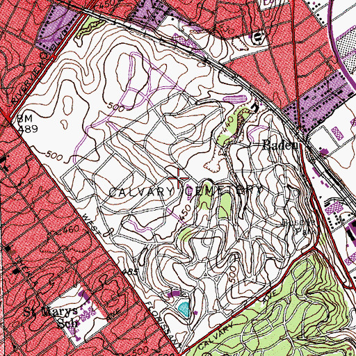 Topographic Map of Calvary Cemetery, MO