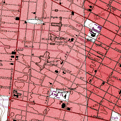 Topographic Map of Central Hospital (historical), MO