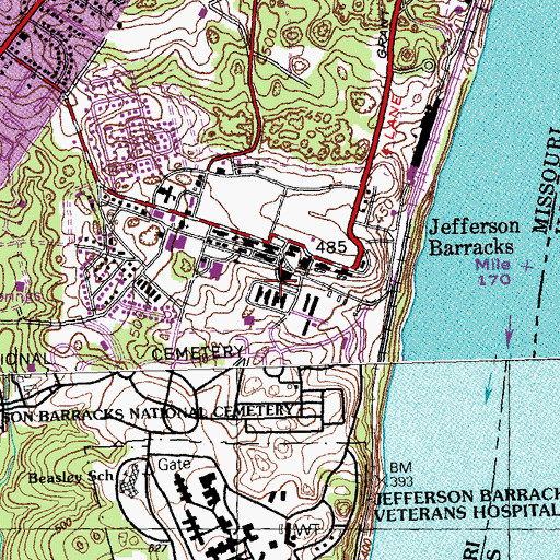 Topographic Map of Jefferson Barracks, MO