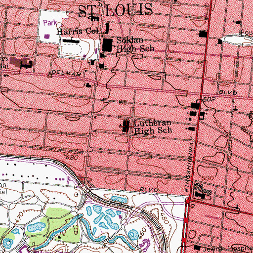 Topographic Map of Lutheran High School, MO