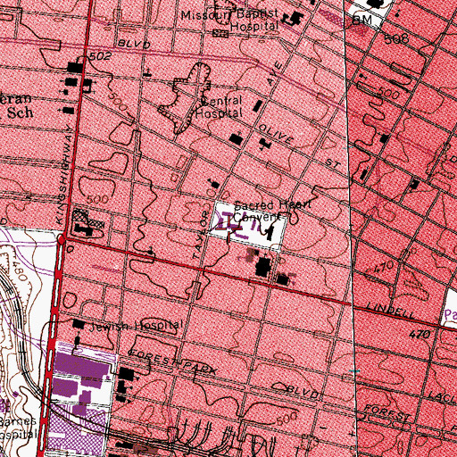 Topographic Map of Sacred Heart Convent, MO