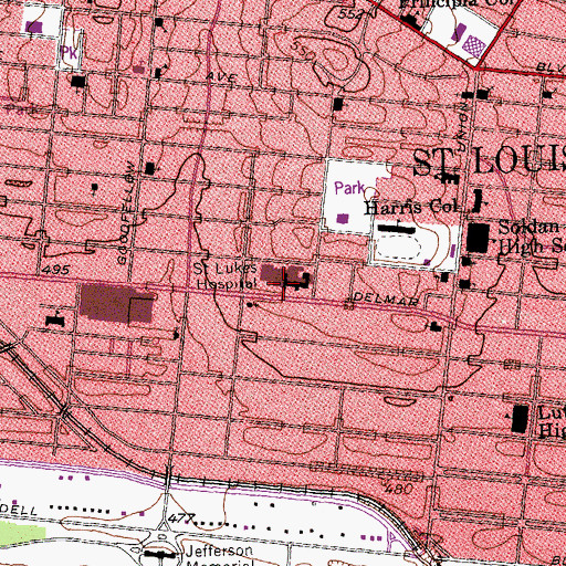 Topographic Map of Saint Lukes Hospital, MO
