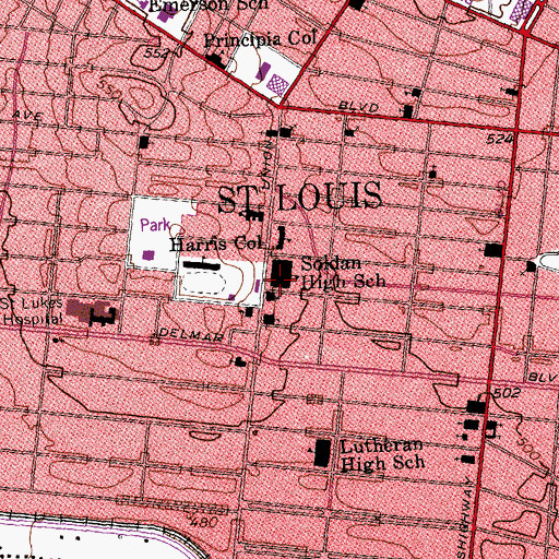 Topographic Map of Soldan High School, MO