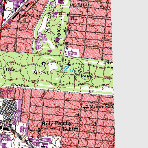 Topographic Map of Tower Grove Park, MO
