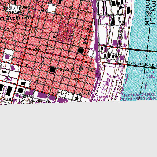 Topographic Map of KYKY-FM (St Louis), MO
