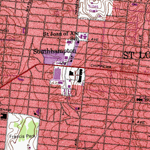 Topographic Map of Hampton Village Shopping Center, MO