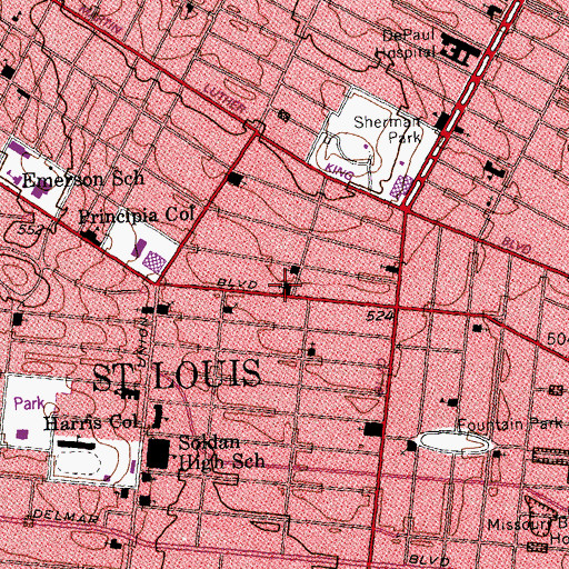 Topographic Map of Saint Marks Church, MO