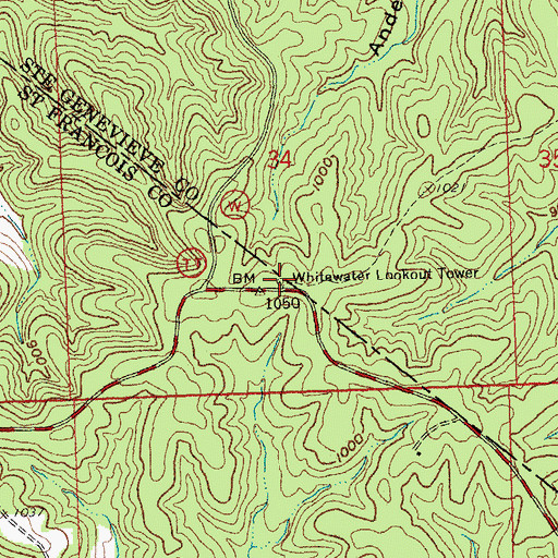 Topographic Map of Whitewater Lookout Tower, MO