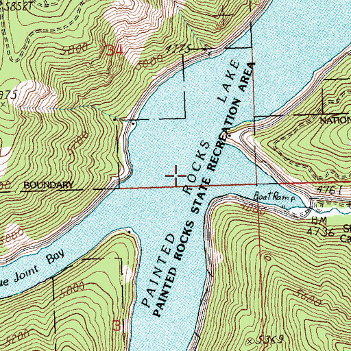 Topographic Map of Painted Rocks State Recreation Area, MT