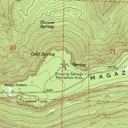 Topographic Map of Dripping Springs Recreation Area, AR