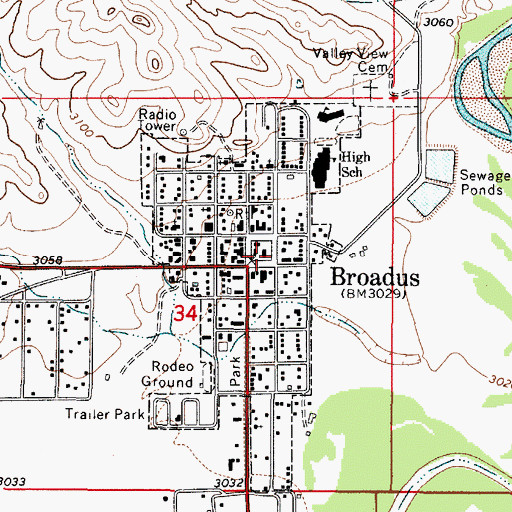 Topographic Map of Broadus, MT