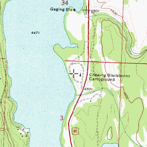 Topographic Map of Chewing Blackbones Campground, MT
