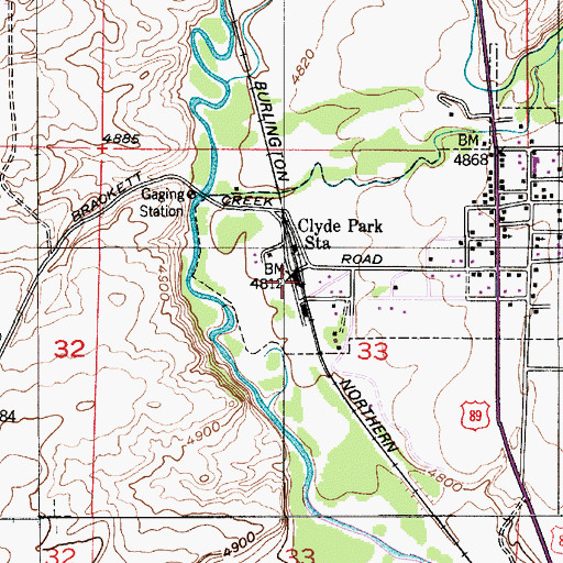 Topographic Map of Clyde Park Station, MT