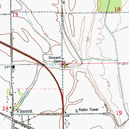 Topographic Map of Vincent Cemetery, AR