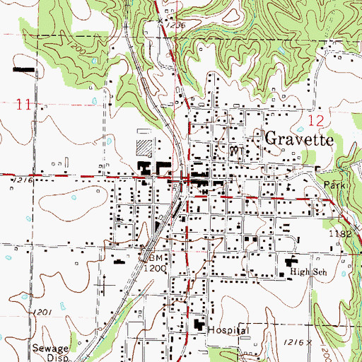 Topographic Map of Gravette, AR