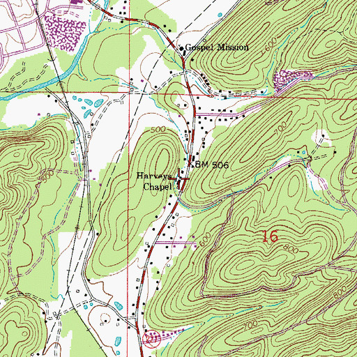 Topographic Map of Harveys Chapel Baptist Church, AR