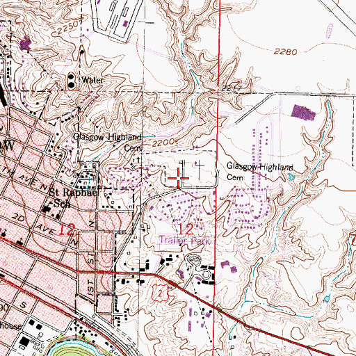 Topographic Map of Glasgow Highland Cemetery, MT