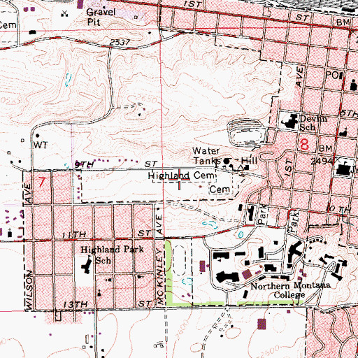 Topographic Map of Highland Cemetery, MT