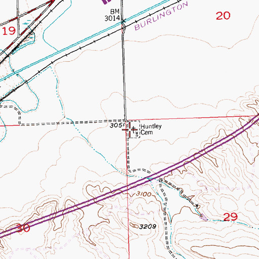Topographic Map of Huntley Cemetery, MT