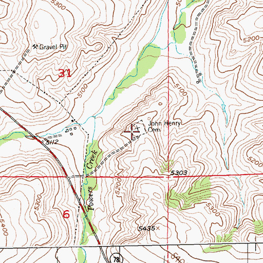 Topographic Map of John Henry Cemetery, MT