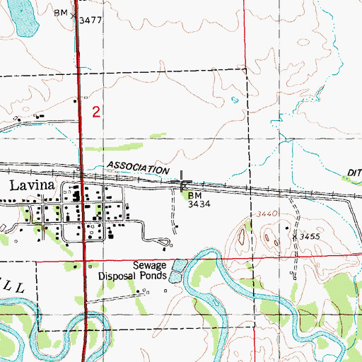 Topographic Map of Lavina Water Users Association Ditch, MT