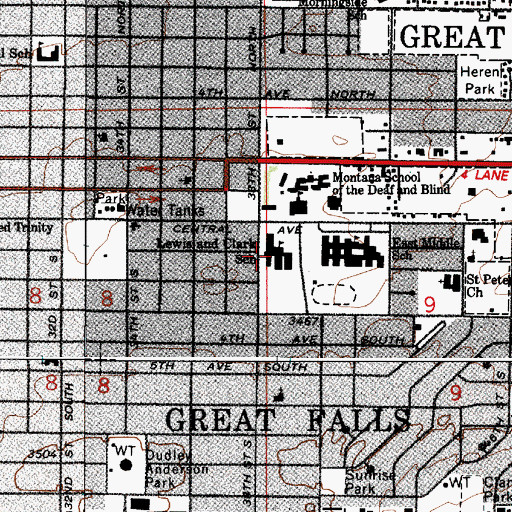 Topographic Map of Lewis and Clark School, MT