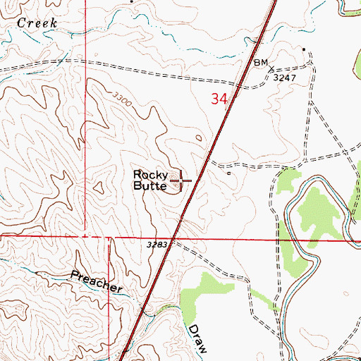Topographic Map of Rocky Butte, MT
