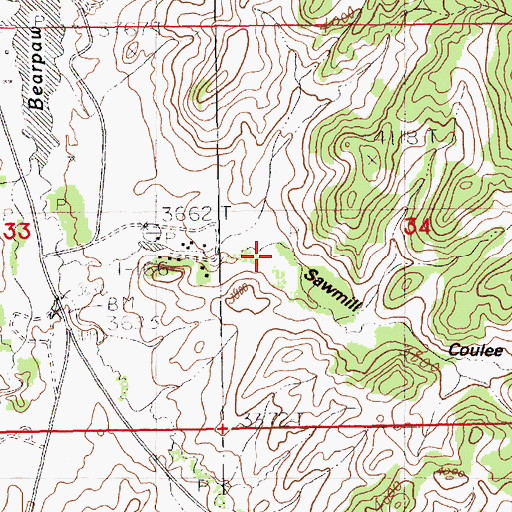 Topographic Map of Sawmill Coulee, MT