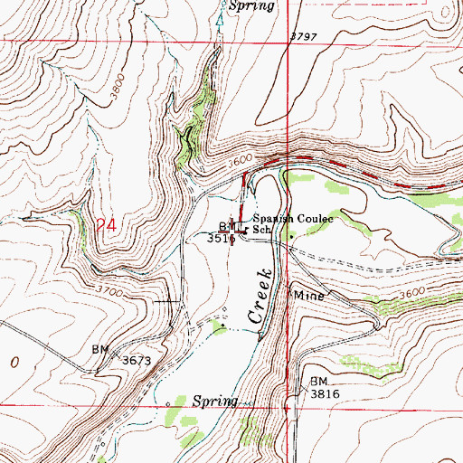 Topographic Map of Spanish Coulee School (historical), MT