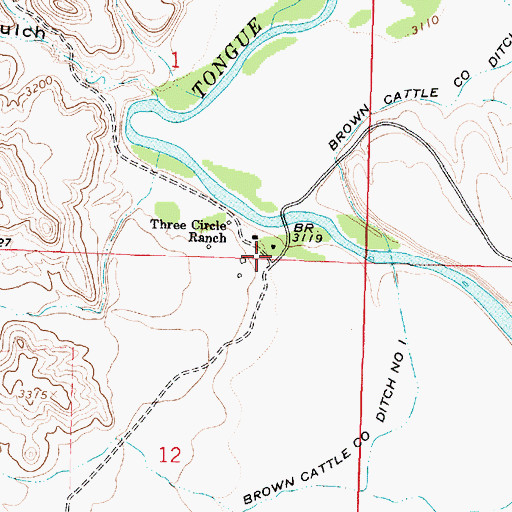Topographic Map of Three Circle Ranch, MT