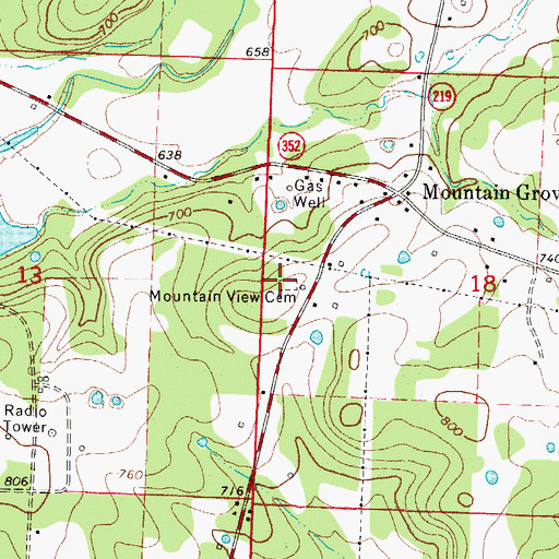 Topographic Map of Mountain View Cemetery, AR