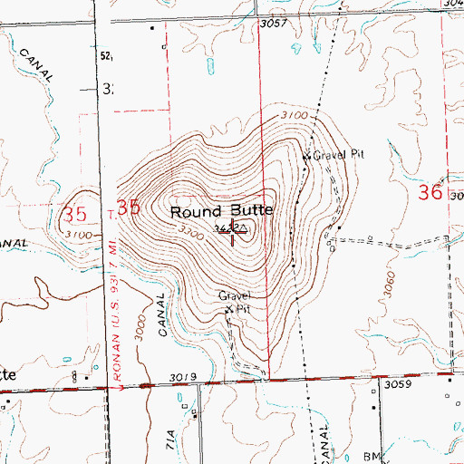 Topographic Map of Round Butte, MT
