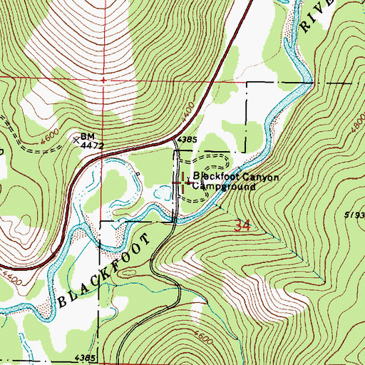 Topographic Map of Blackfoot Canyon Campground, MT